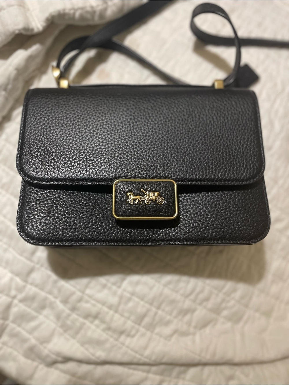 Coach Black Pebbled Leather Crossbody with Gold Coach Carriage Plaque